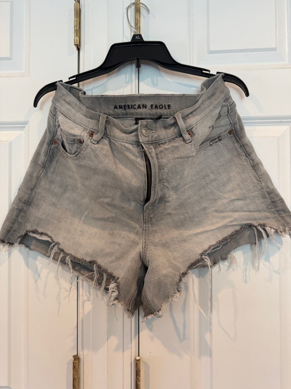 American Eagle Outfitters Light Gray High-Rise Distressed Denim Shorts